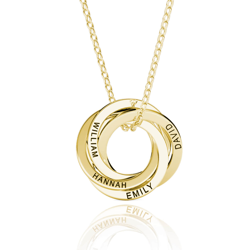 Personalised Russian 4 Ring Necklace with Engraved 4 Names Gold