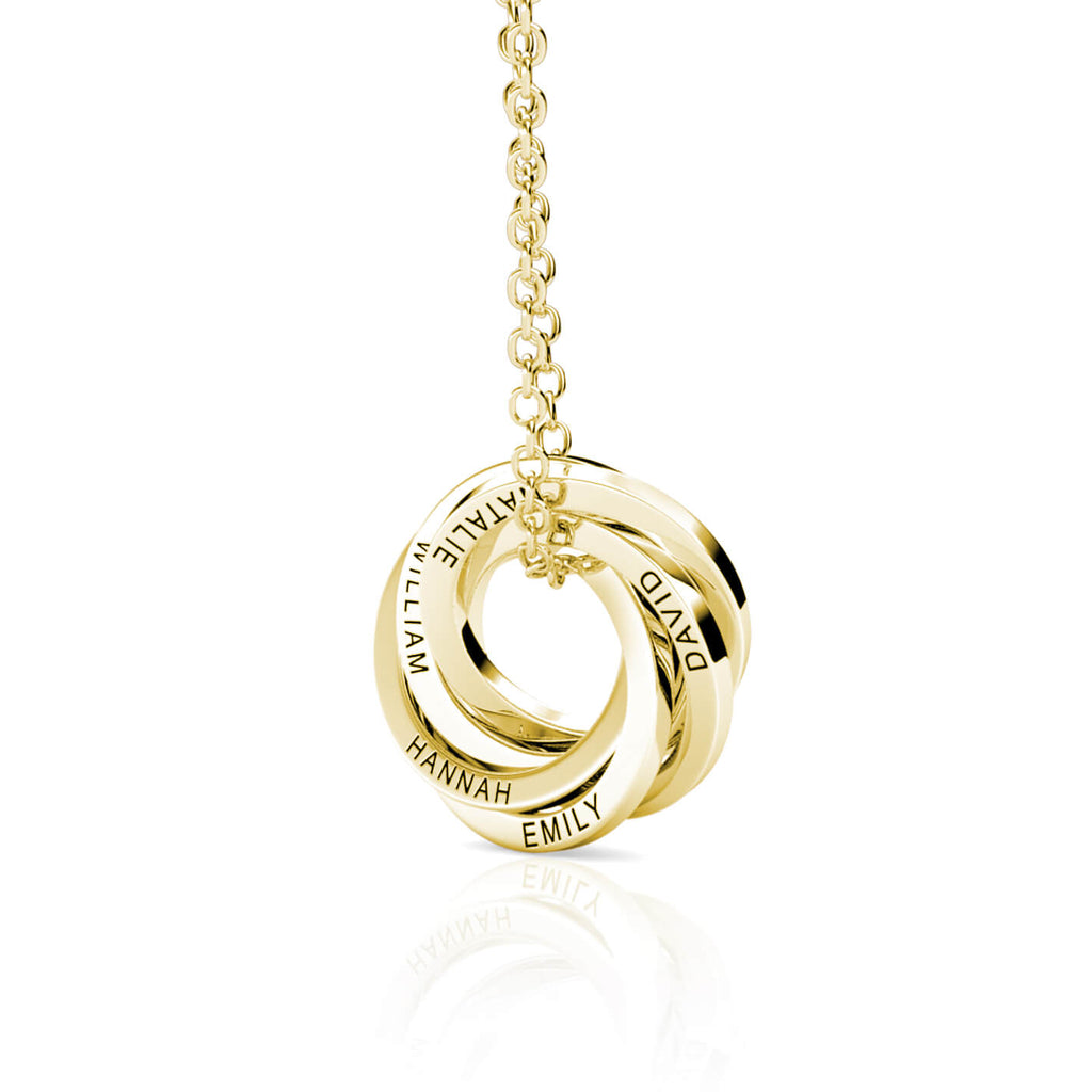 Personalised Russian 5 Ring Necklace with Engraved 5 Names Gold