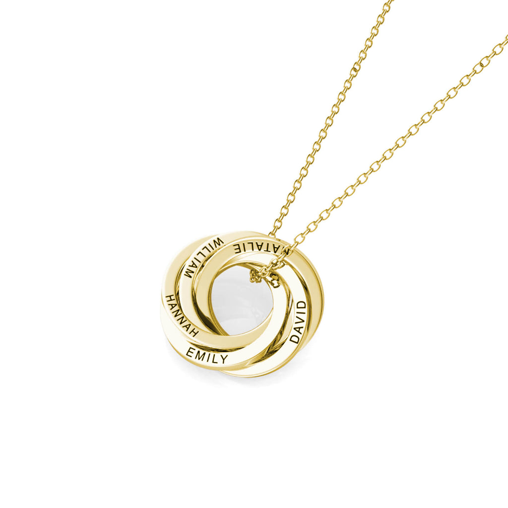 Personalised Russian 5 Ring Necklace with Engraved 5 Names Gold