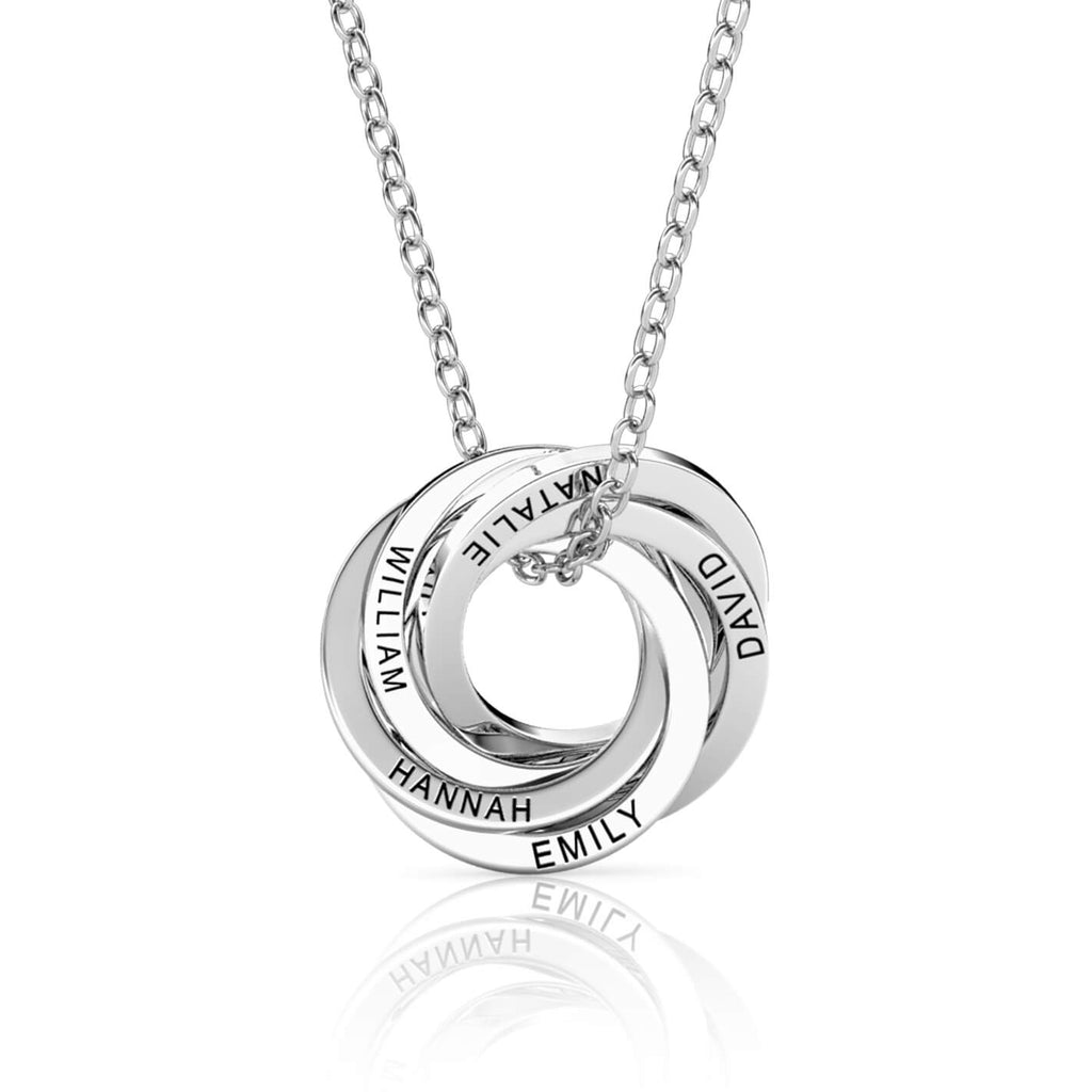 Personalised Russian 5 Ring Necklace with Engraved Names Sterling Silver