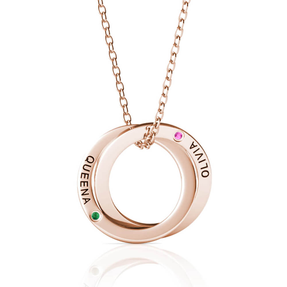 Personalised Russian 2 Ring Necklace with Names and Birthstones Rose Gold