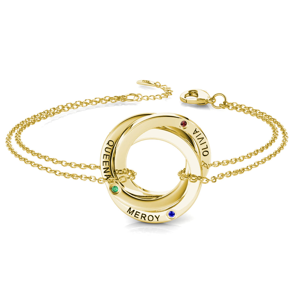 Personalised Engraved Russian 3 Ring Bracelet with 3 Birthstones Yellow Gold
