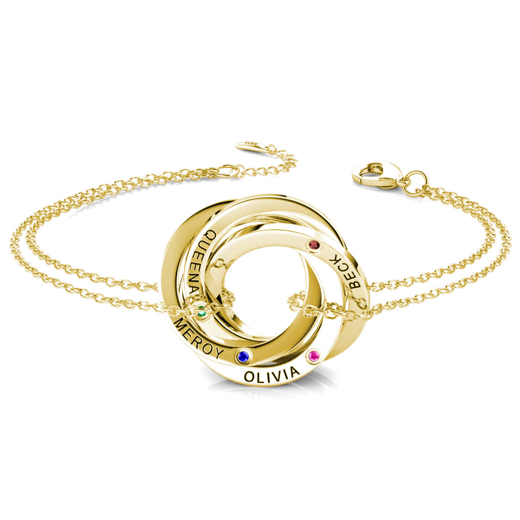 Personalised Engraved Russian 4 Ring Bracelet with 4 Birthstones Yellow Gold