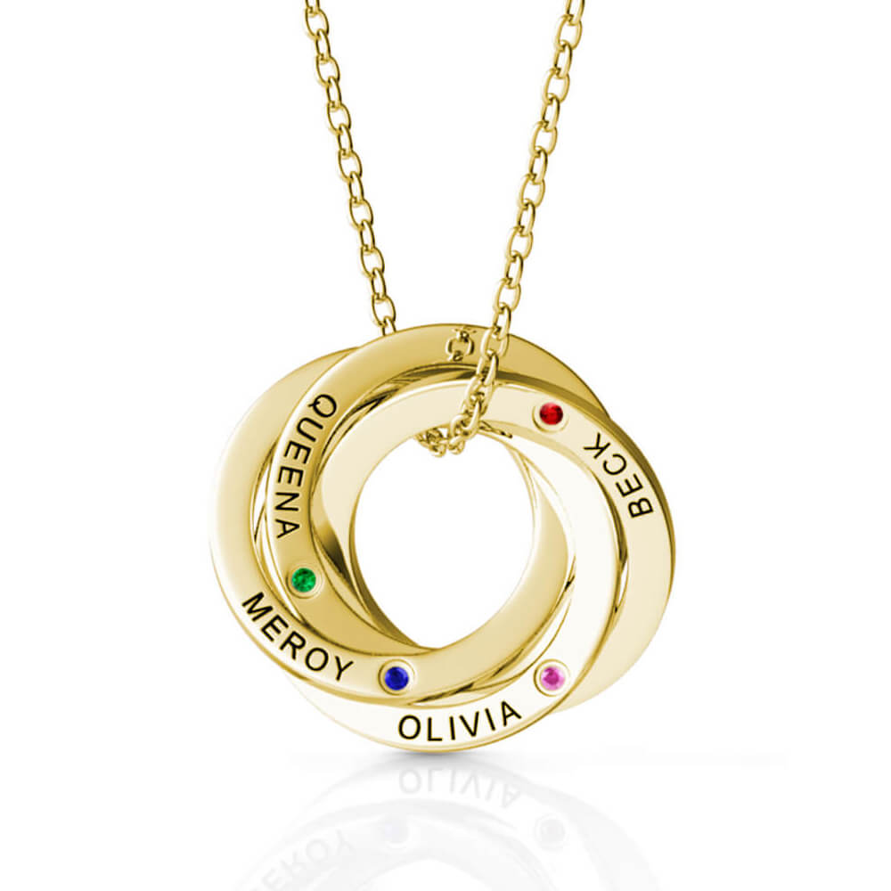 Personalised Russian 4 Ring Necklace with Names and Birthstones Gold
