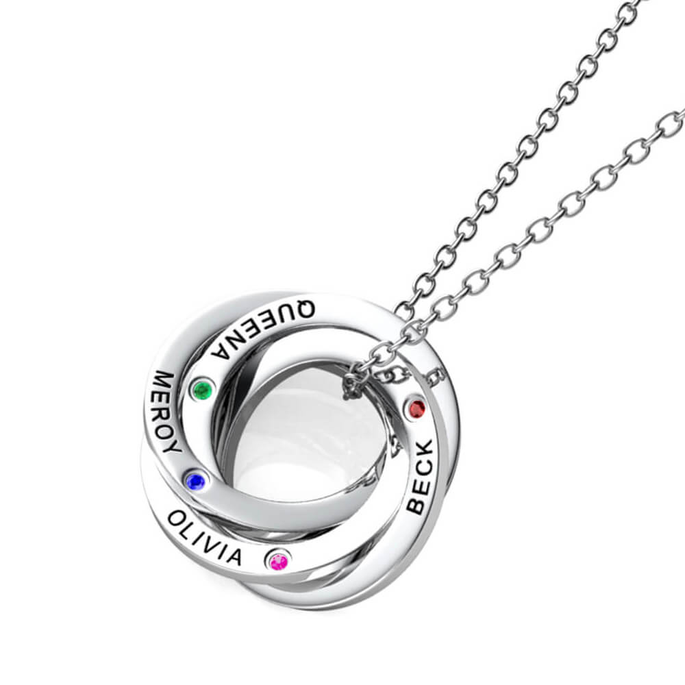 Personalised Russian 4 Ring Necklace with Names and Birthstones