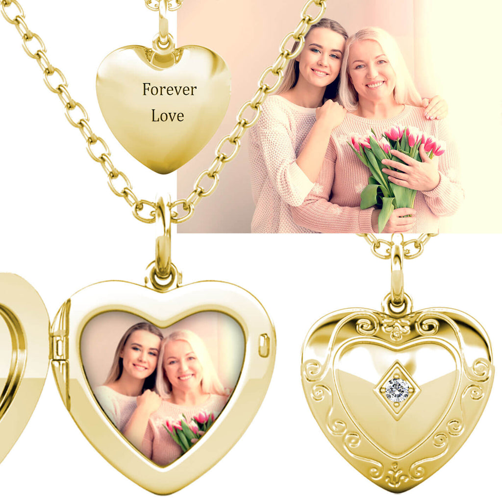 Personalised Photo Heart Locket Necklace with Birthstone Gold