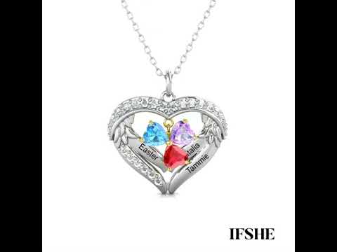 Heart Shaped Personalised Necklace with Three Heart Birthstones and Three Engraved Names