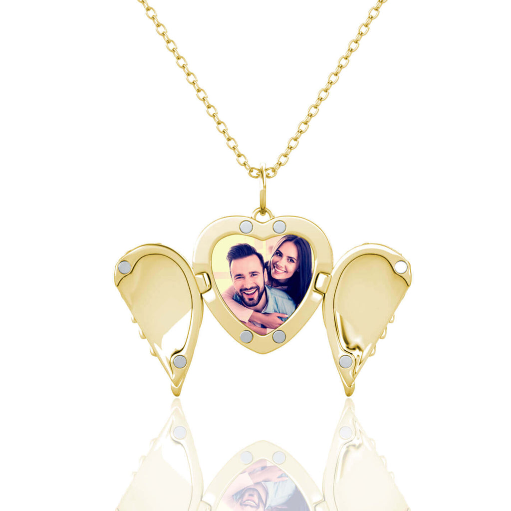 Personalised Angel Wings Photo Heart Locket Necklace with Picture Inside Gold