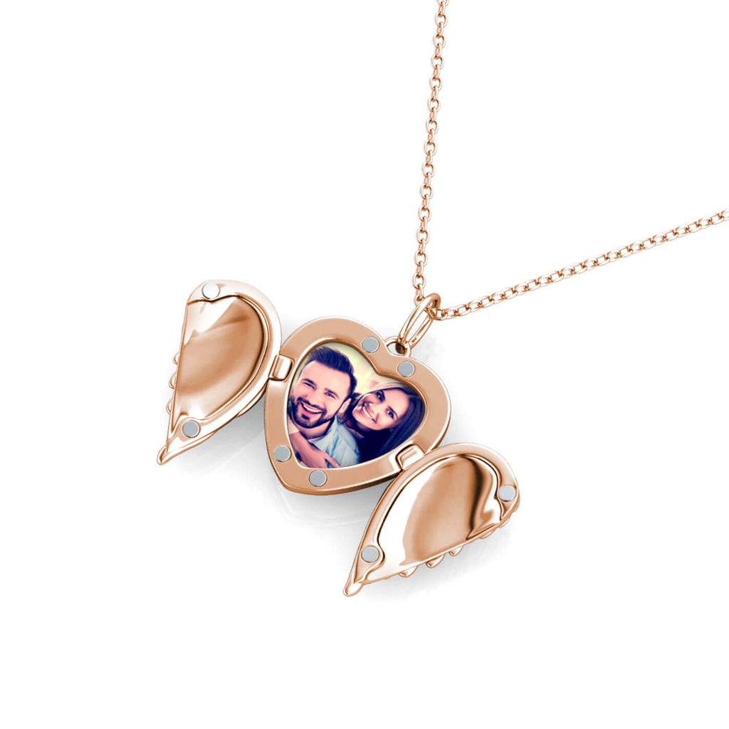 Personalised Angel Wings Photo Heart Locket Necklace with Picture Inside Rose Gold