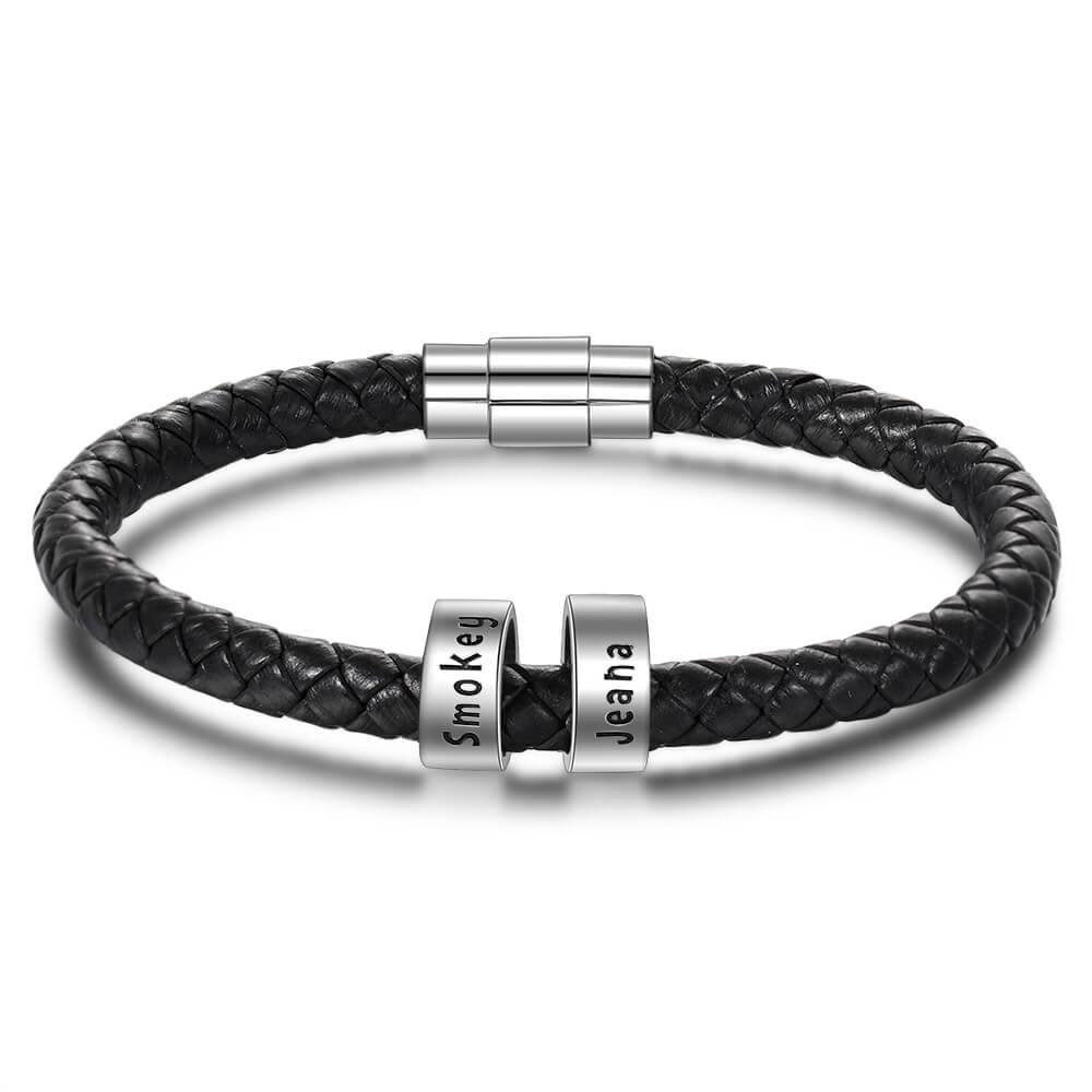Personalised Men's Black Leather Bracelet - Men's Engraved 2 Names Bracelet - Sterling Silver Beads