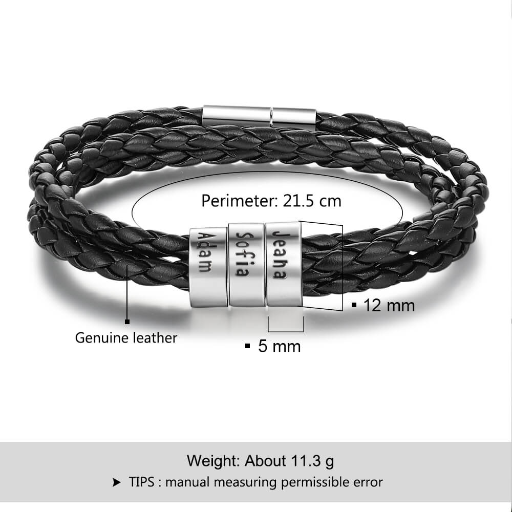 Personalised Men's Leather Bracelet - Men's Engraved 3 Names Bracelet - Sterling Silver Beads