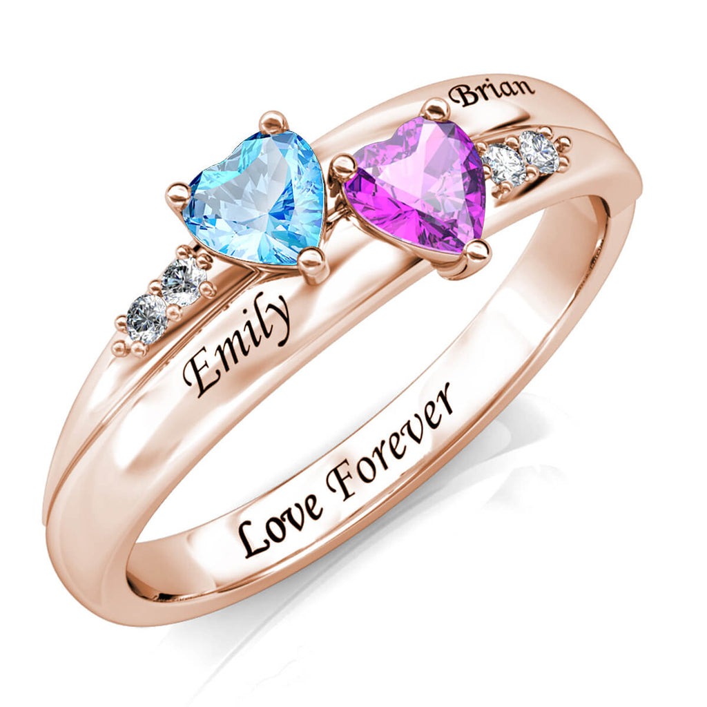 Personalised Two Heart Birthstones Ring with Two Engraved Names Rose Gold