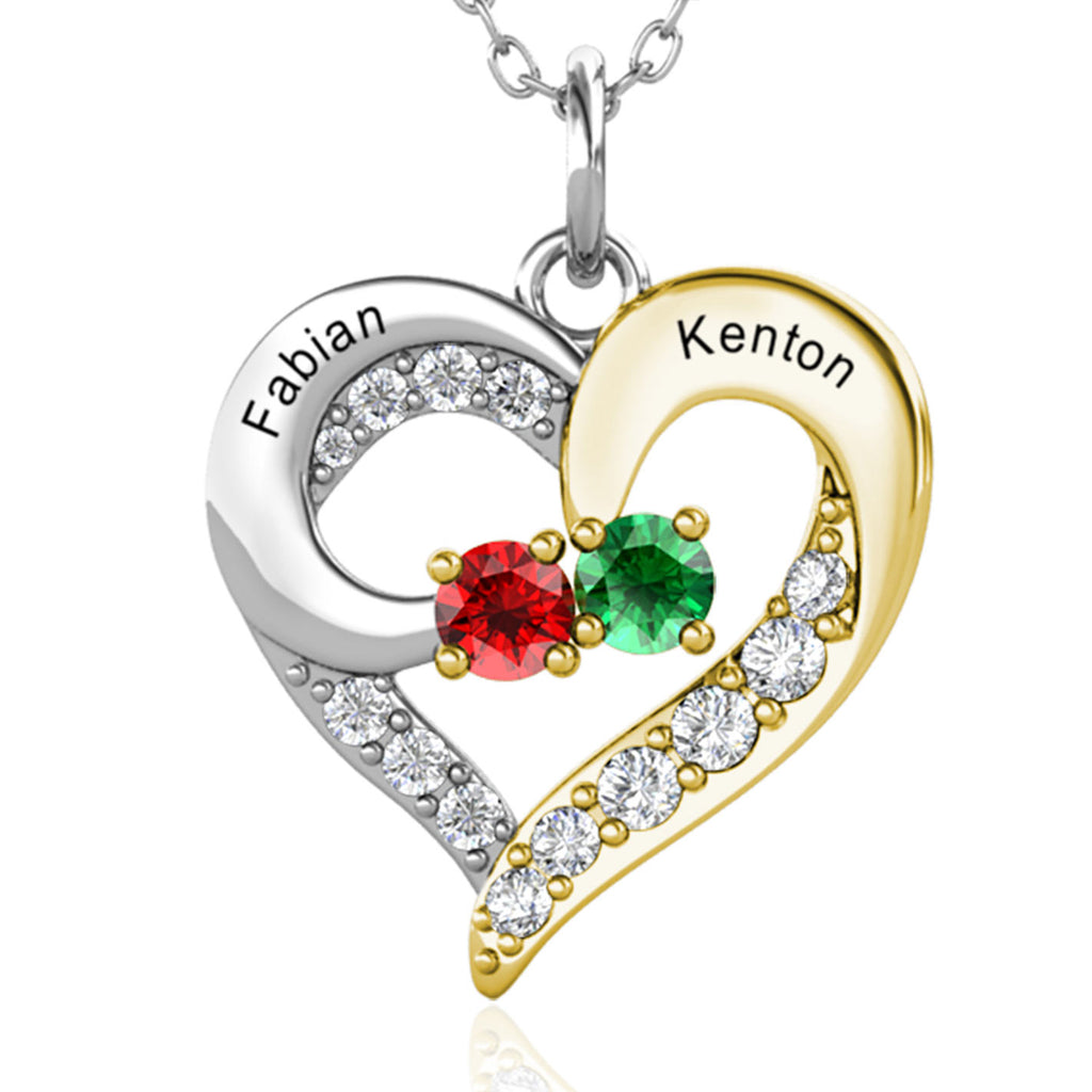 Personalised Birthstone Necklace for Her - Heart Pendant Engraved Name Jewellery