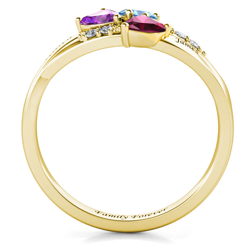 Personalised Three Heart Birthstones Ring with Engraved Names Yellow Gold