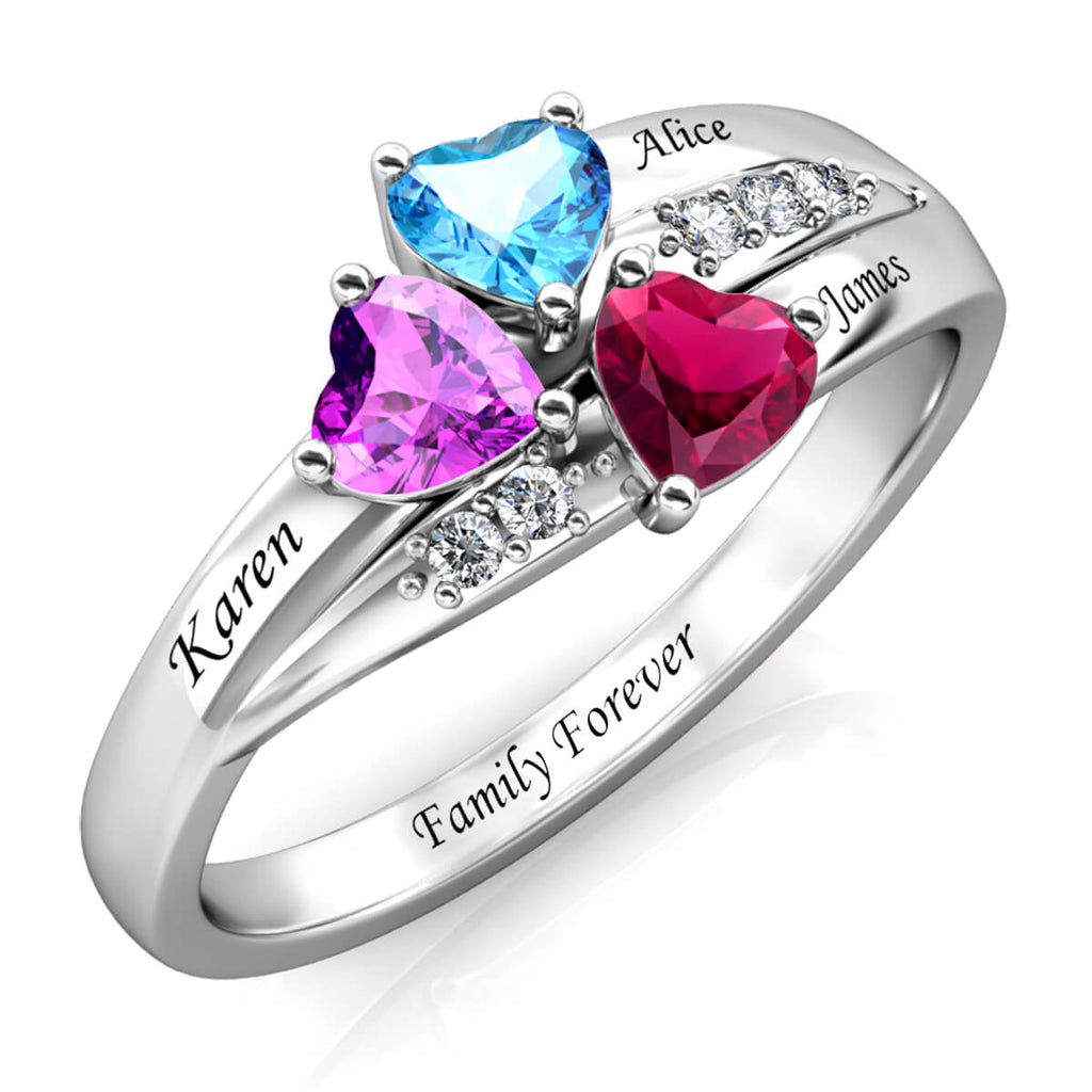 Personalised Three Heart Birthstones Ring with Engraved Names Sterling Silver