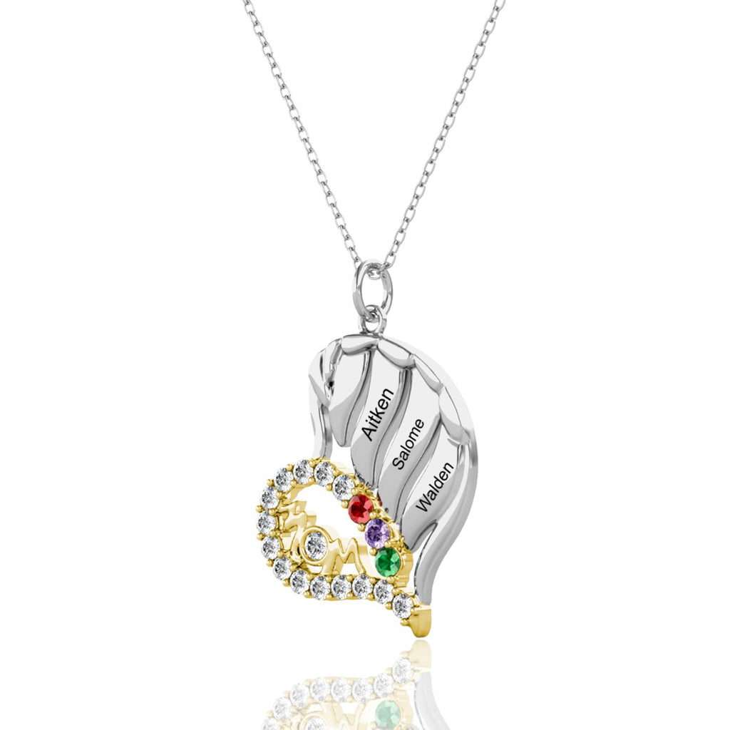Personalised Heart Shaped Three Names Mother's Necklace with Three Birthstones Sterling Silver