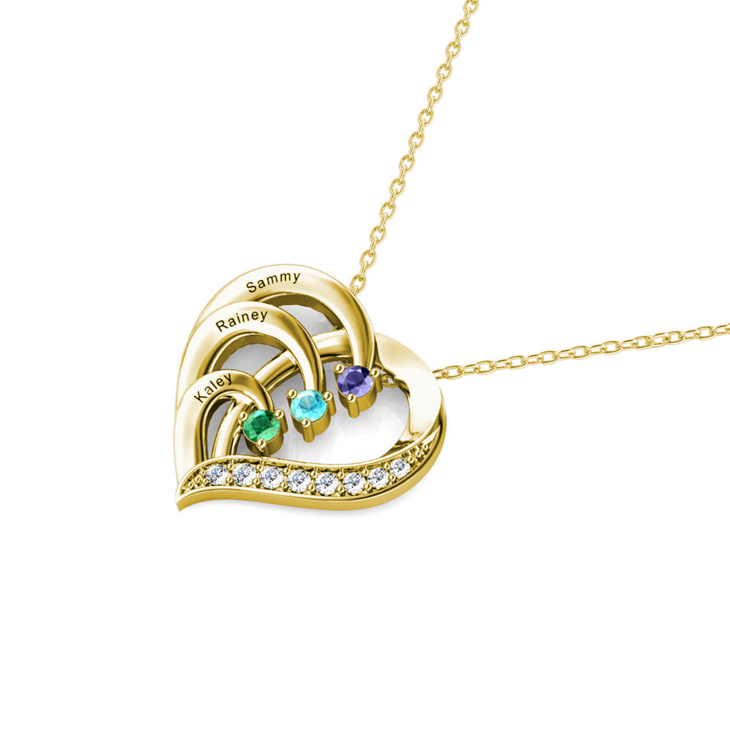 Personalised Heart Necklace with 3 Birthstones and 3 Engraved Names Gold