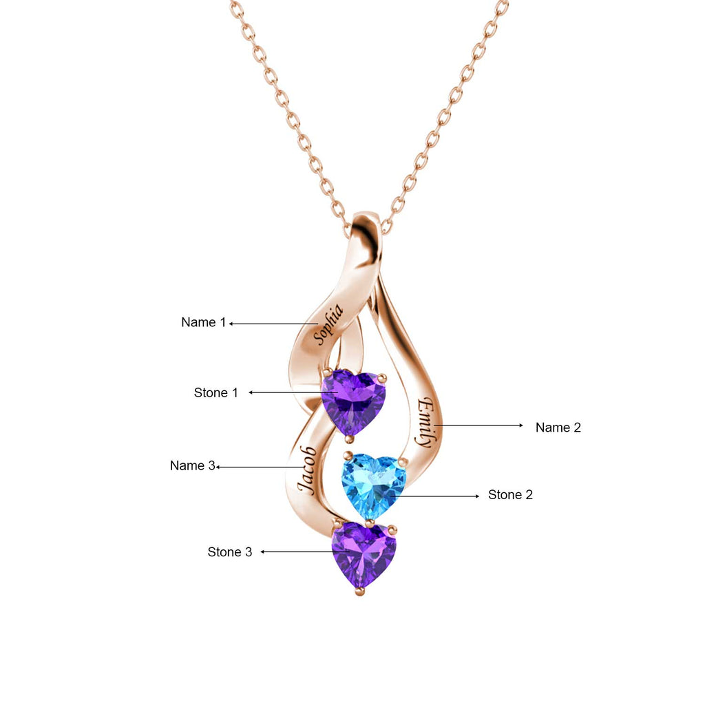 Personalised Three Names Necklace with Three Heart Birthstones 