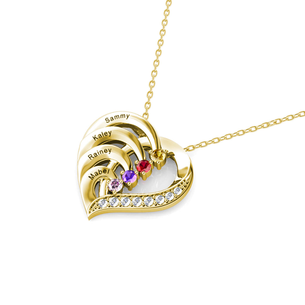 Personalised Heart Necklace with 4 Birthstones and 4 Engraved Names Gold