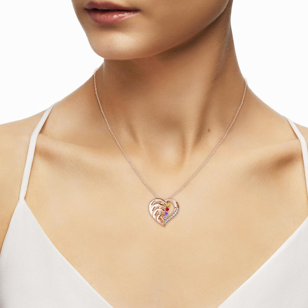 Personalised Heart Necklace with 4 Birthstones and 4 Engraved Names Rose Gold
