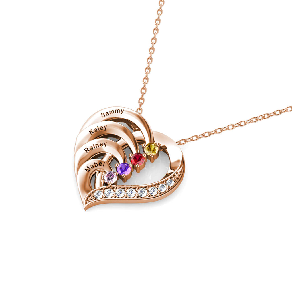 Personalised Heart Necklace with 4 Birthstones and 4 Engraved Names Rose Gold