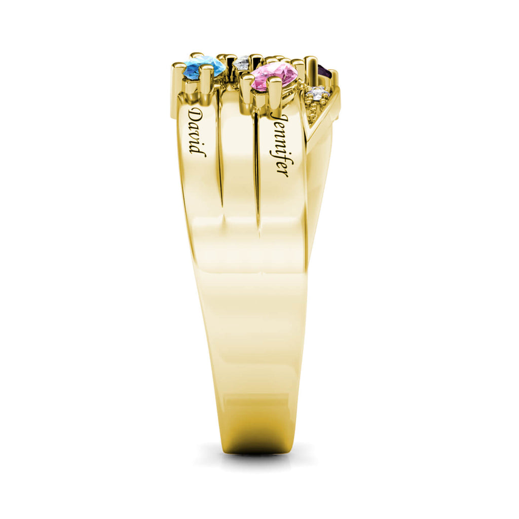 Personalised Five Birthstones Ring with Engraved Names Yellow Gold