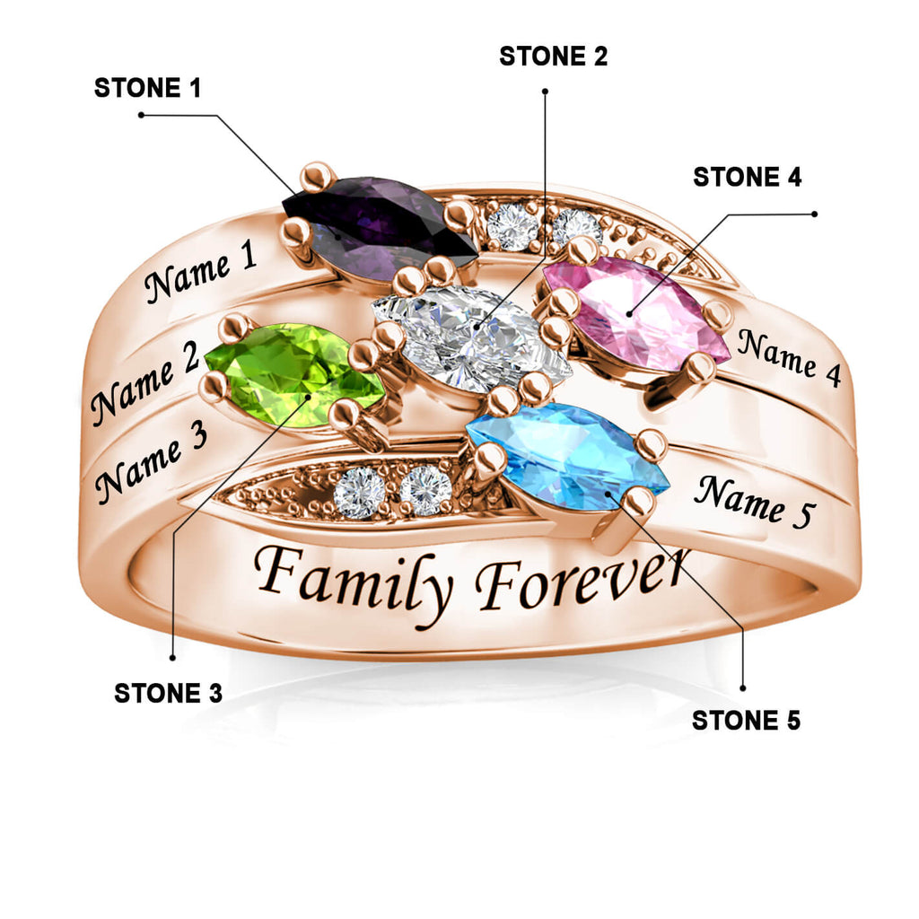 Personalised Five Birthstones Ring with Engraved Names Rose Gold