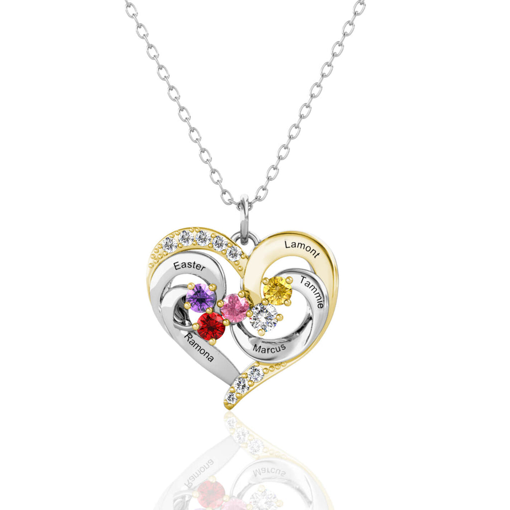 Personalised Heart Shaped Five Names Necklace with Five Birthstones Sterling Silver