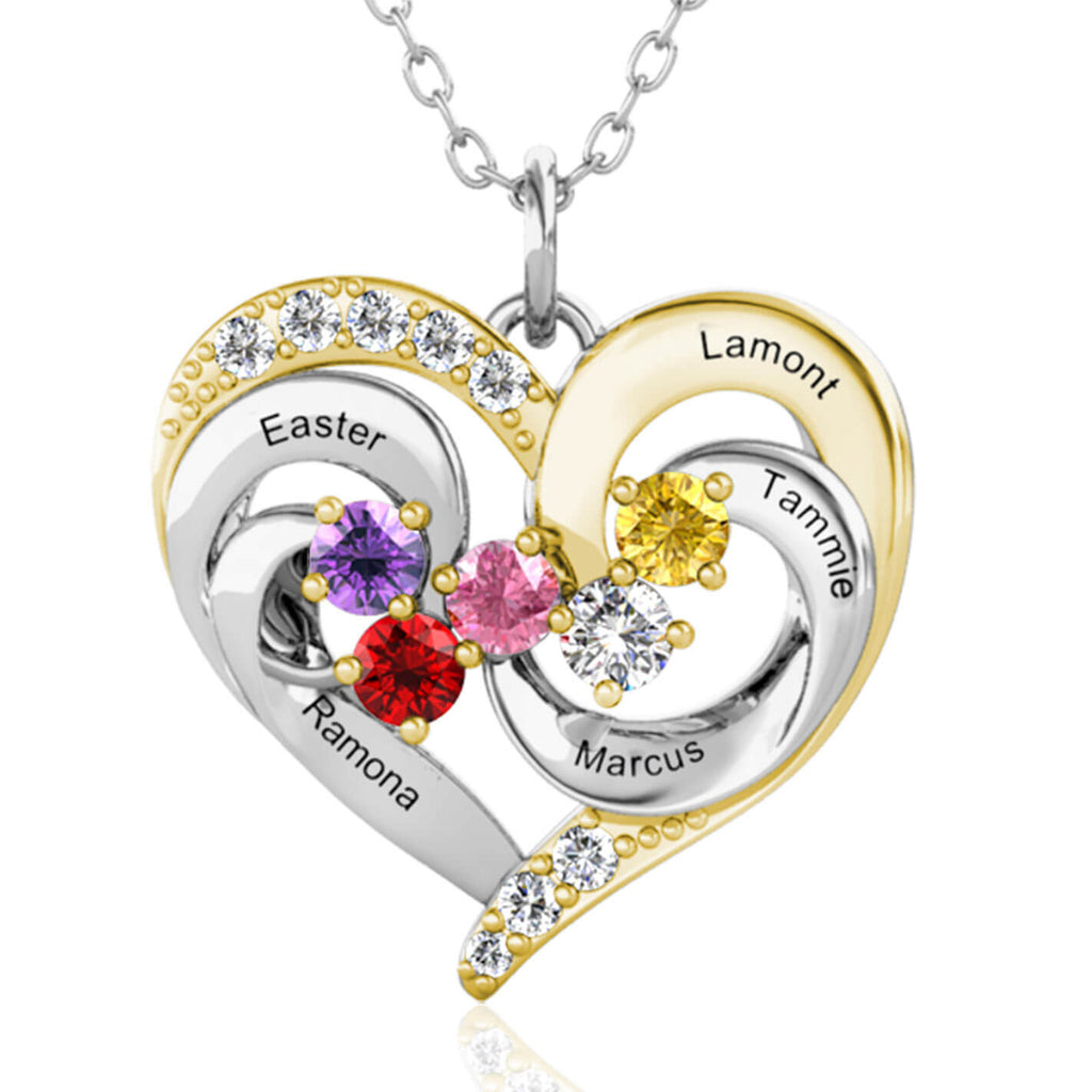 Personalised Heart Shaped Five Names Necklace with Five Birthstones Sterling Silver