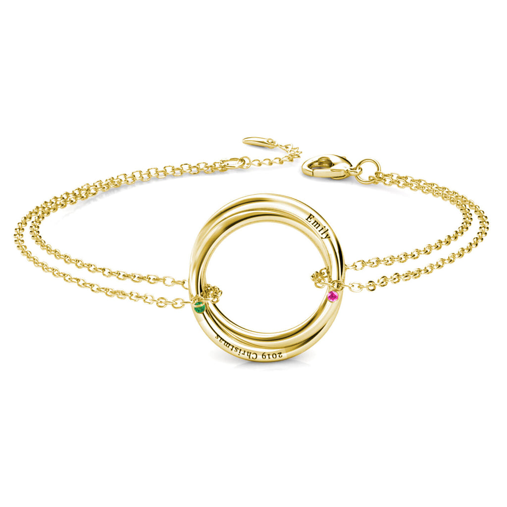 Personalised Engraved Russian 2 Ring Birthstones Bracelet Yellow Gold
