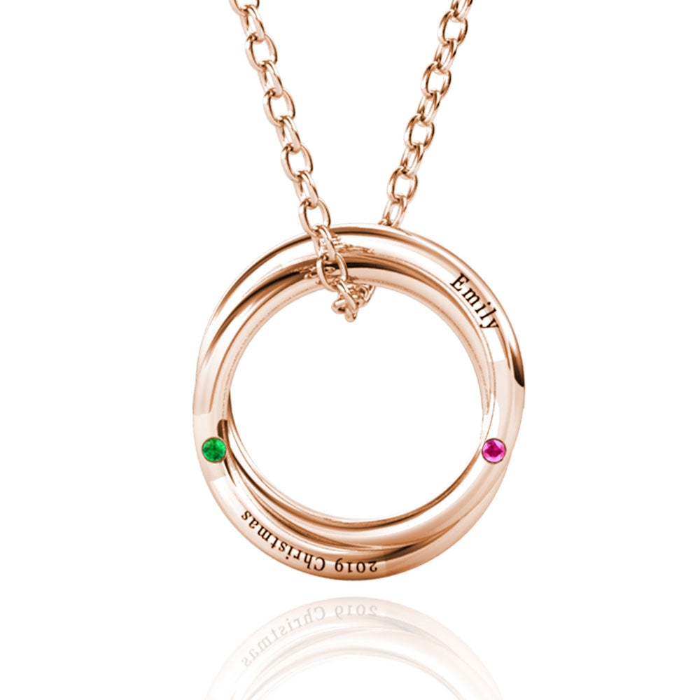 Personalised Russian 2 Ring Necklace with 2 Birthstone Rose Gold