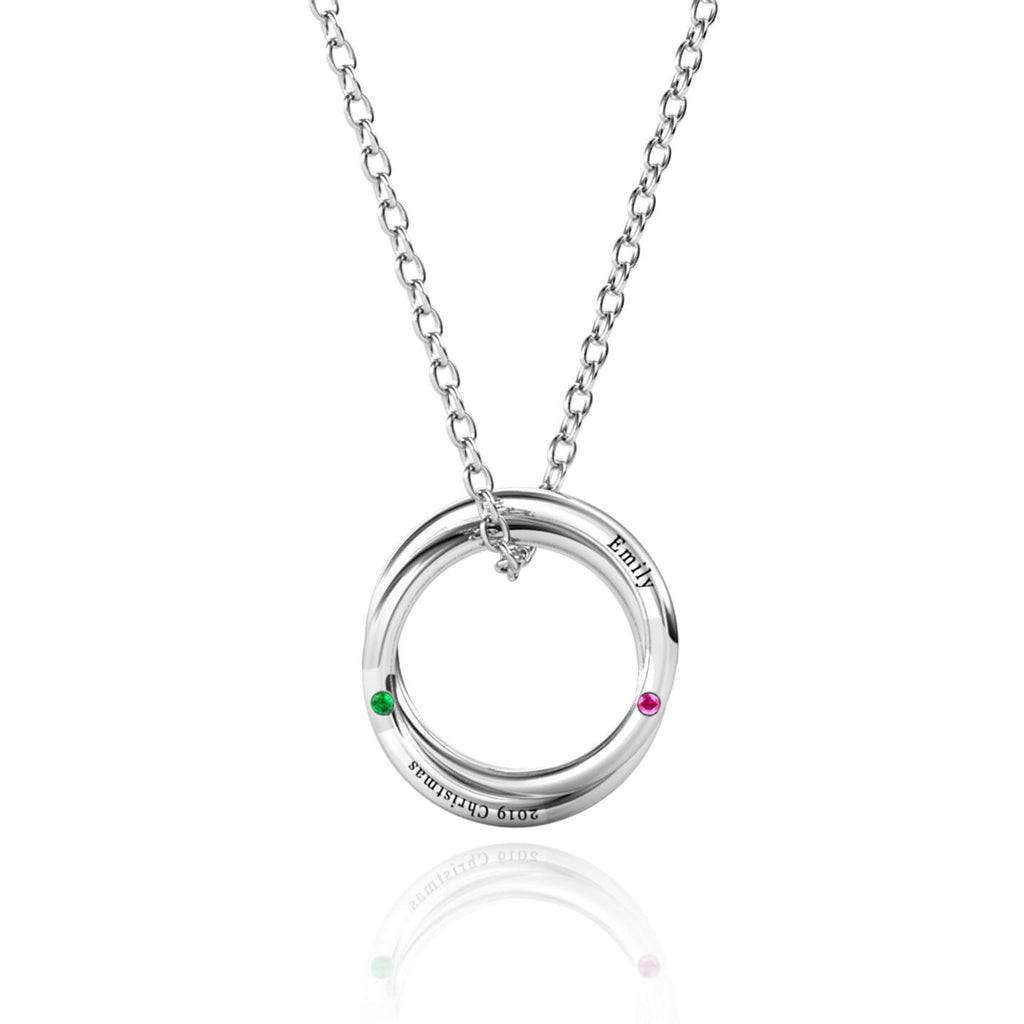 Personalised Russian 2 Ring Necklace with 2 Birthstone Sterling Silver