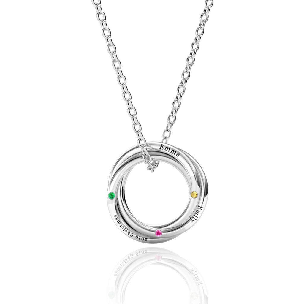 Personalised Russian 3 Ring Necklace with 3 Birthstone Sterling Silver