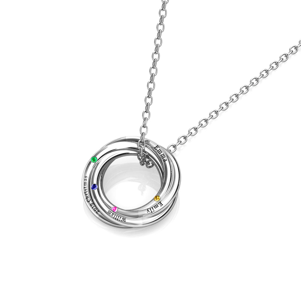 Personalised Russian 4 Ring Necklace with 4 Birthstone Sterling Silver