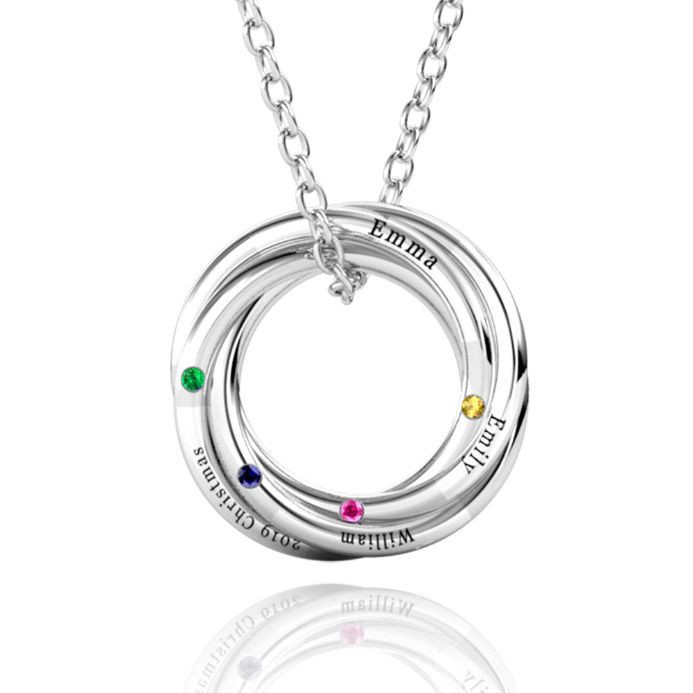 Personalised Russian 4 Ring Necklace with 4 Birthstone Sterling Silver