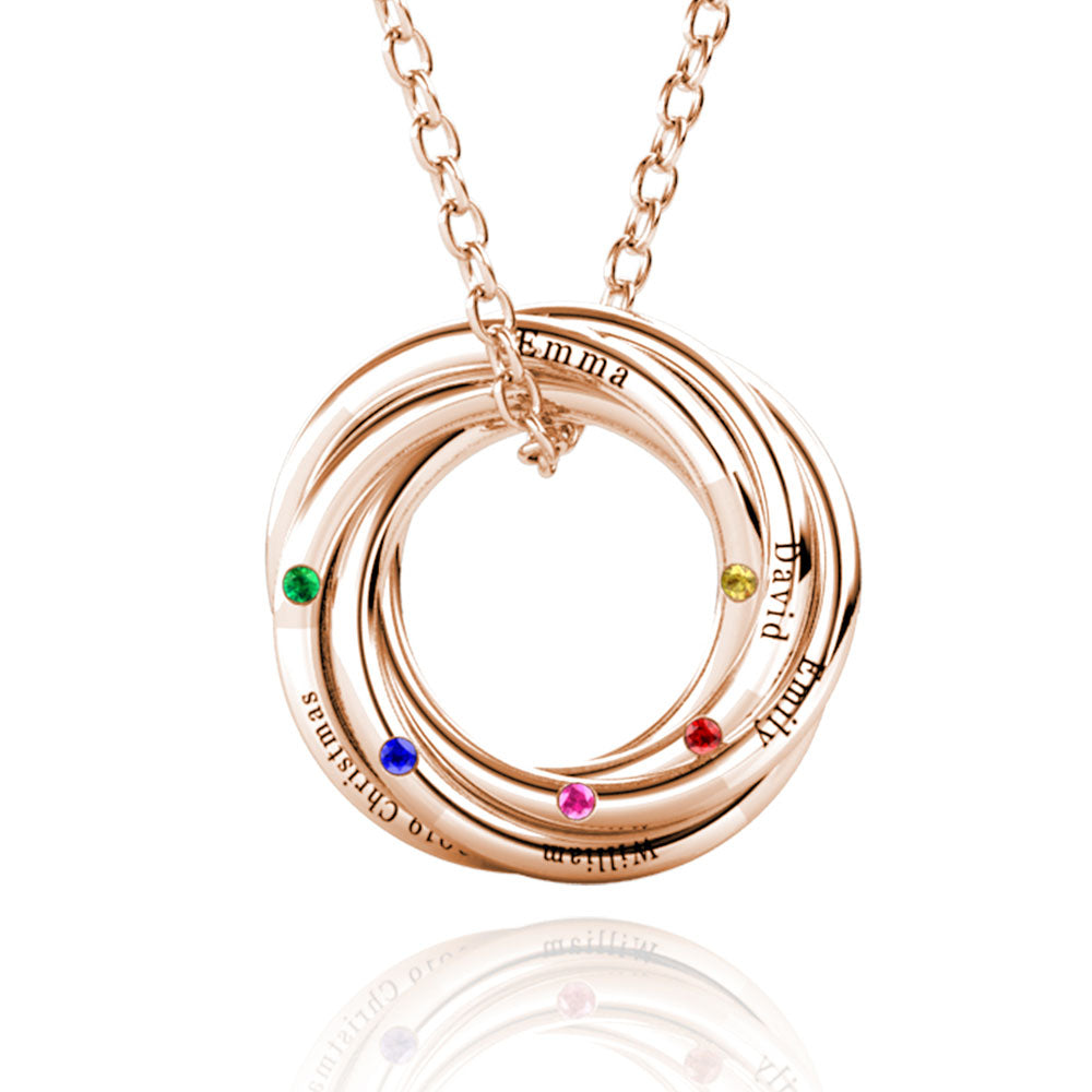 Personalised Russian 5 Ring Necklace with 5 Birthstone Rose Gold