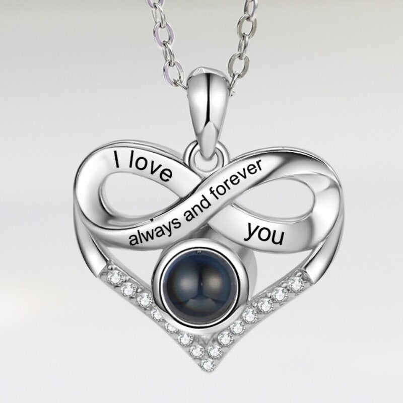 Photo Projection Necklace with Engraving, Infinity Heart Photo Necklace with Picture Inside, Memory Engraved Necklace