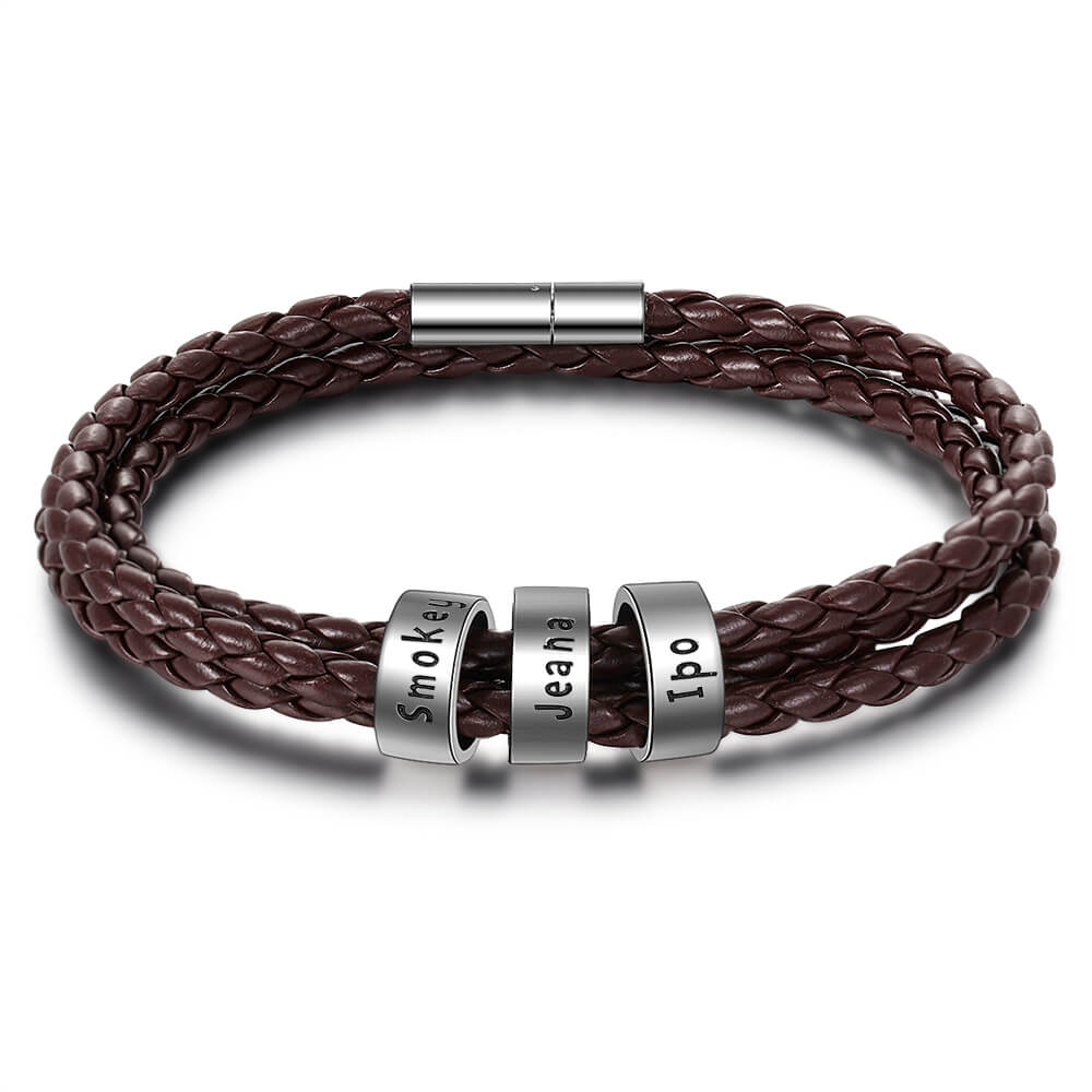 Personalised Men's Brown Leather Bracelet - Men's Engraved 3 Names Bracelet - Sterling Silver Beads