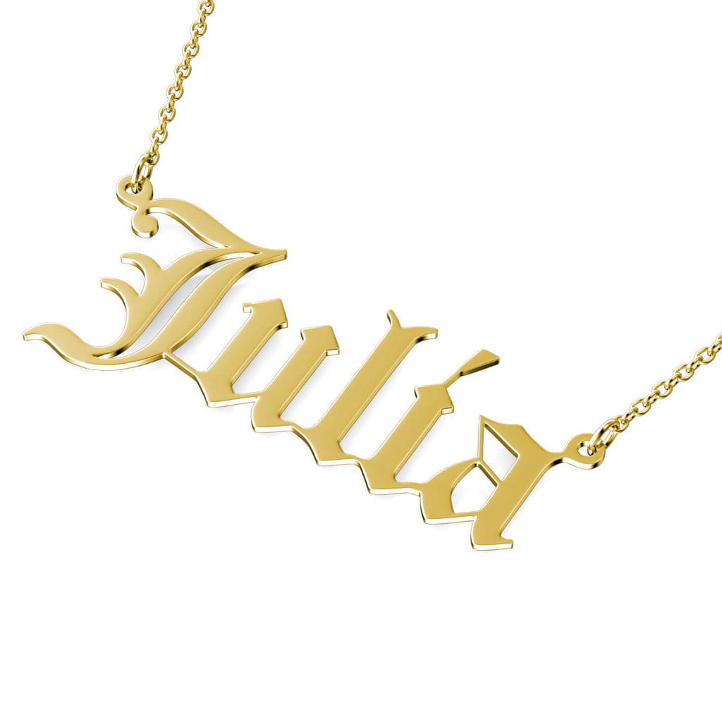 Personalised Old English Name Necklace Sterling Silver Yellow Gold