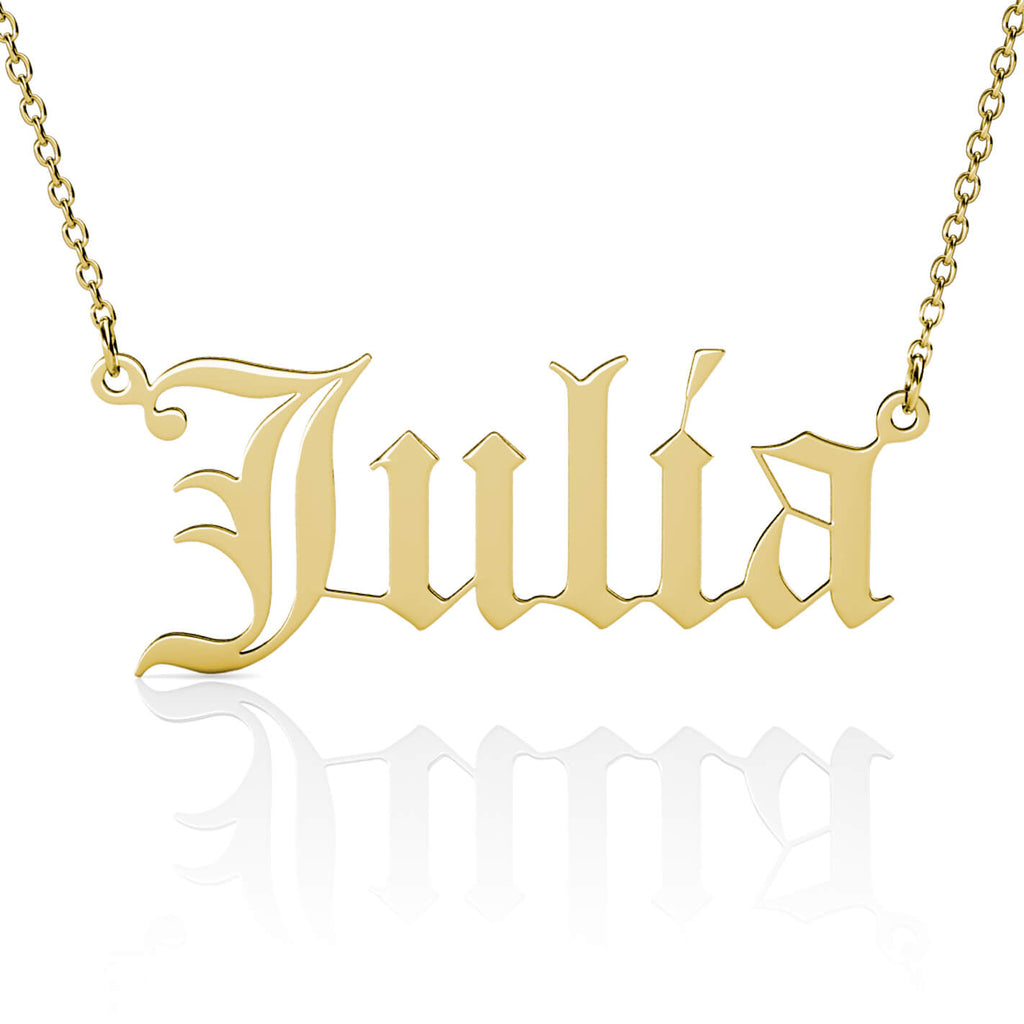Personalised Old English Name Necklace Sterling Silver Yellow Gold