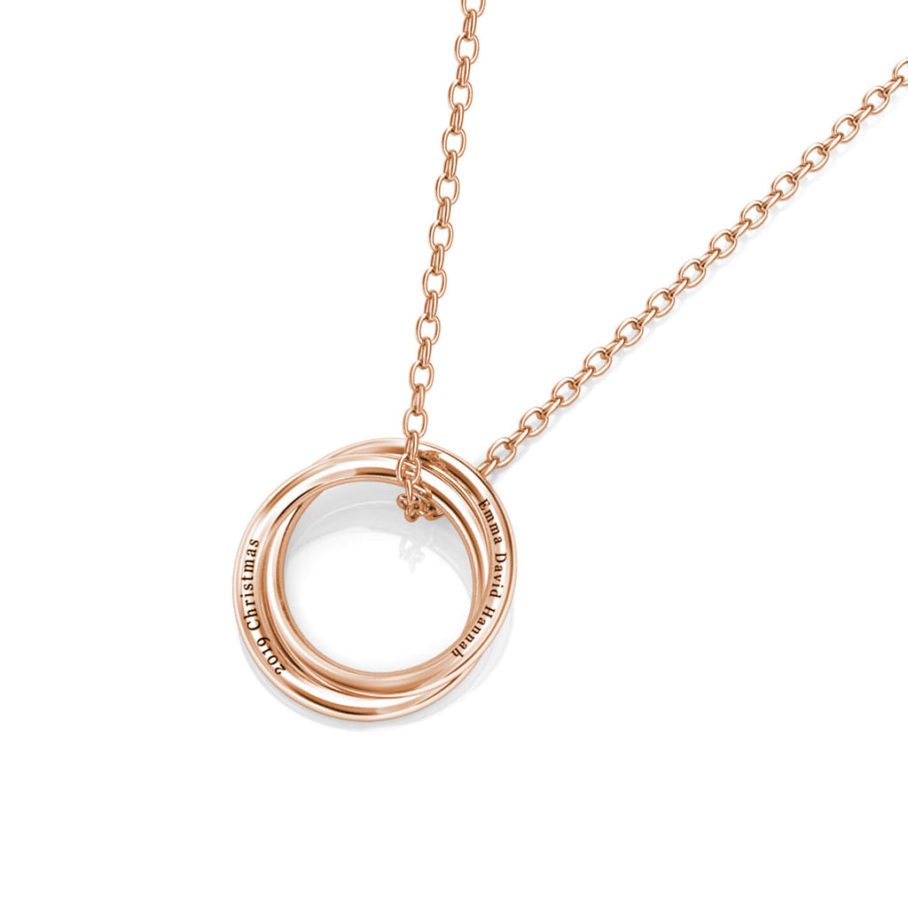 Personalised Russian 2 Ring Necklace with Engraved Children's Names Rose Gold