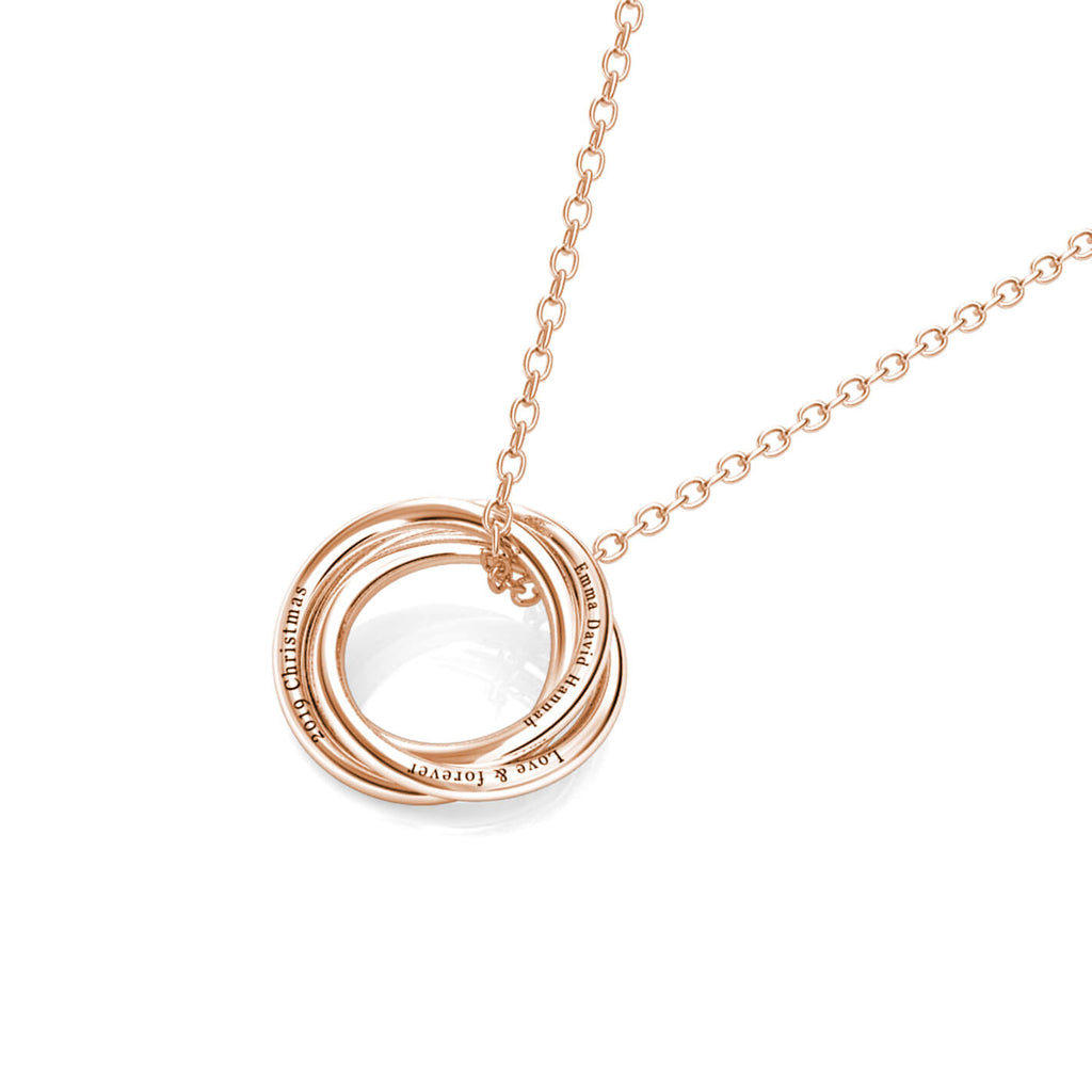 Personalised Russian 3 Ring Necklace with Engraved Children's Names Rose Gold