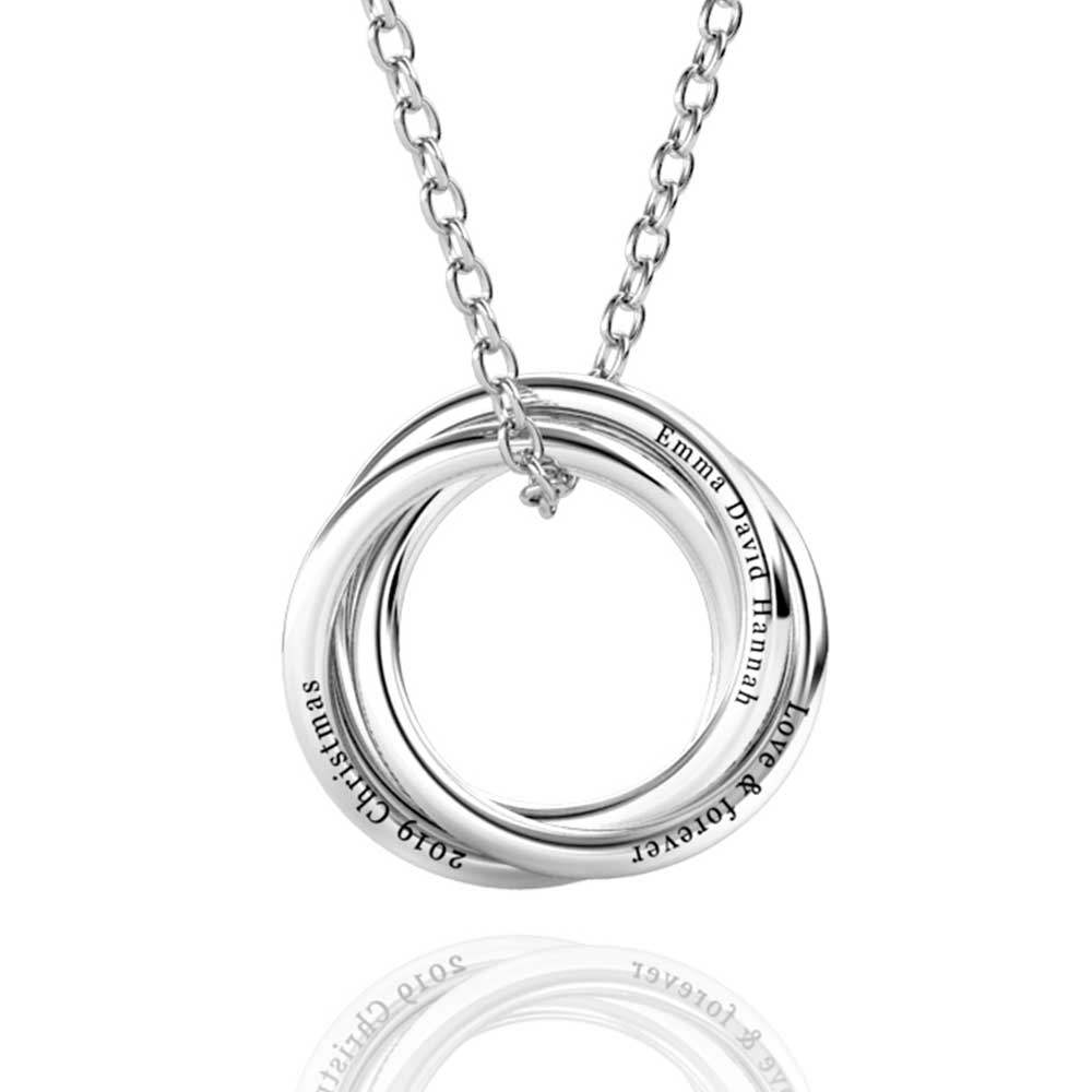 Personalised Russian 3 Ring Necklace with Engraved Children's Names Sterling Silver