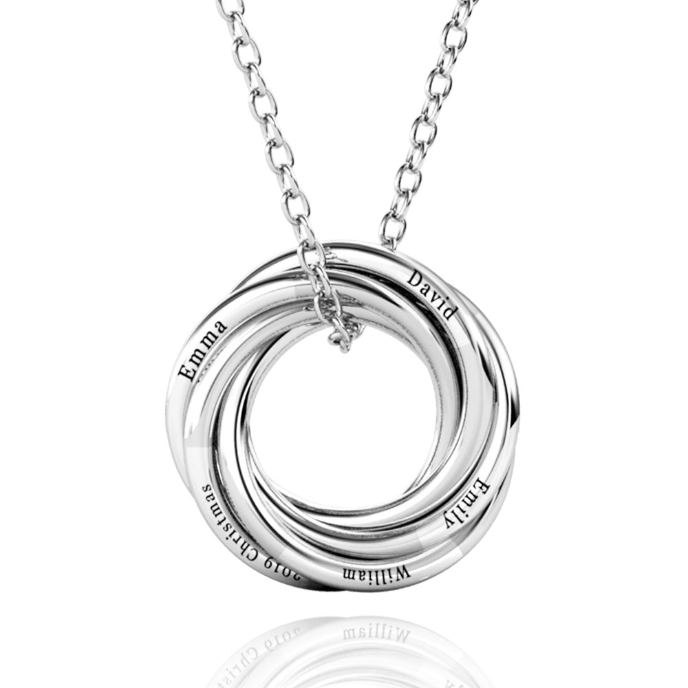 Personalised Russian 5 Ring Necklace with Engraved Children's Names Sterling Silver