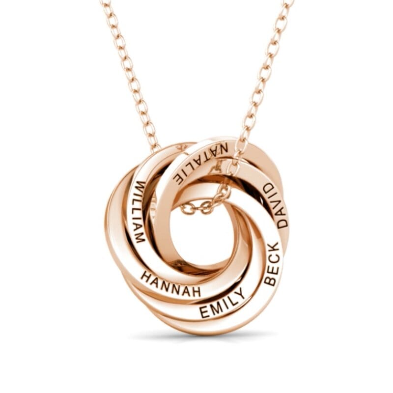 Personalised Russian 6 Ring Necklace with Engraved Names Rose Gold