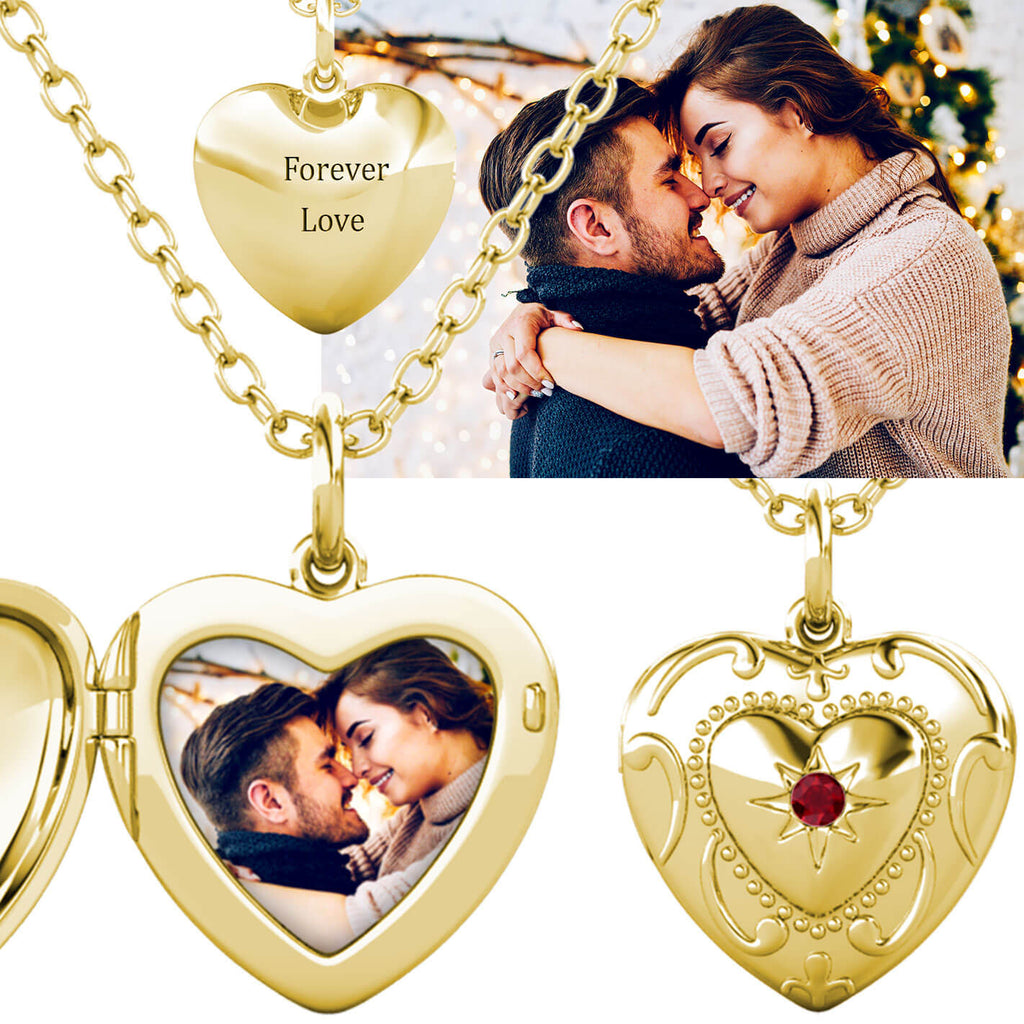 Personalised Photo Heart Locket Necklace with Birthstone Gold Plated