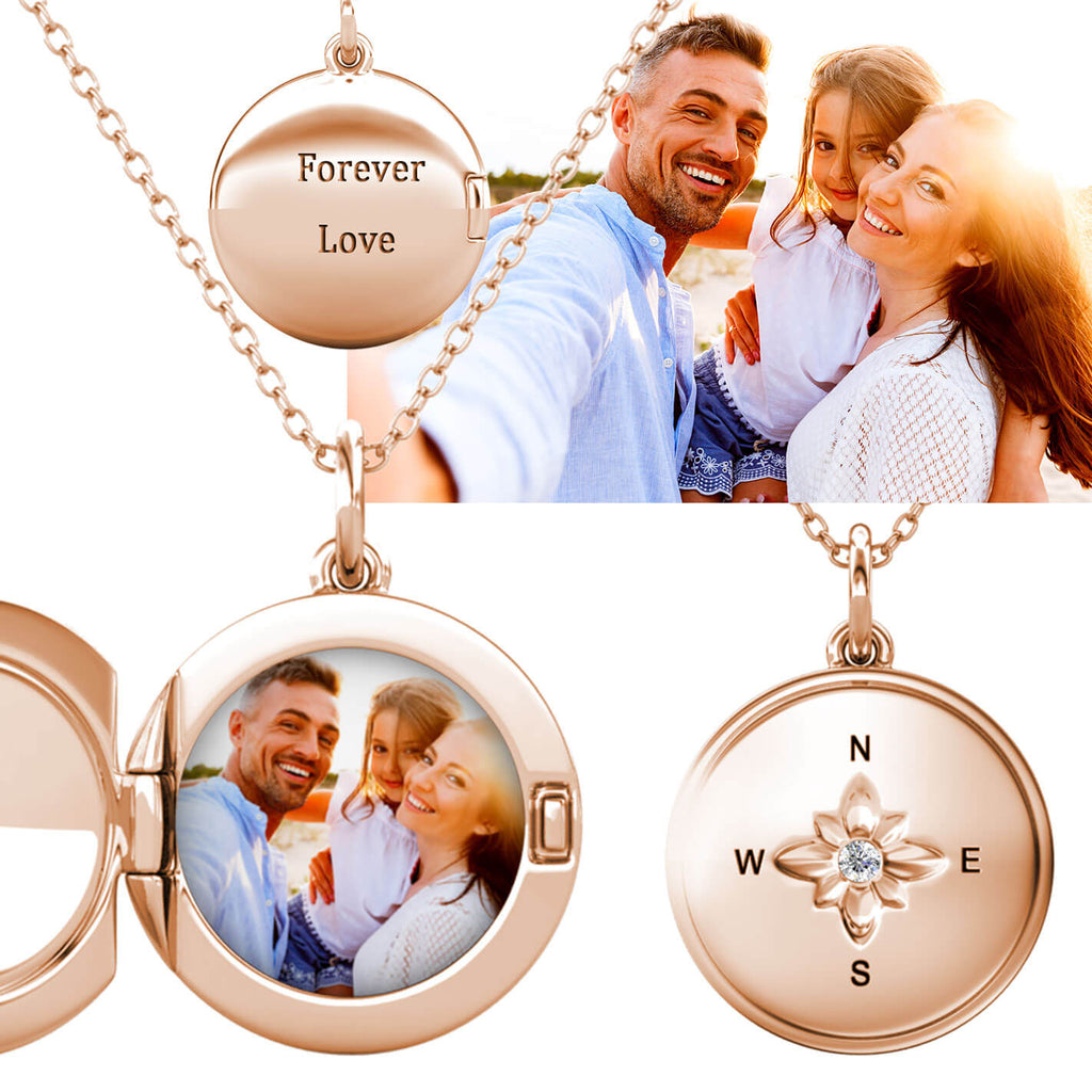Personalised Photo Round Locket Necklace Rose Gold with Birthstone