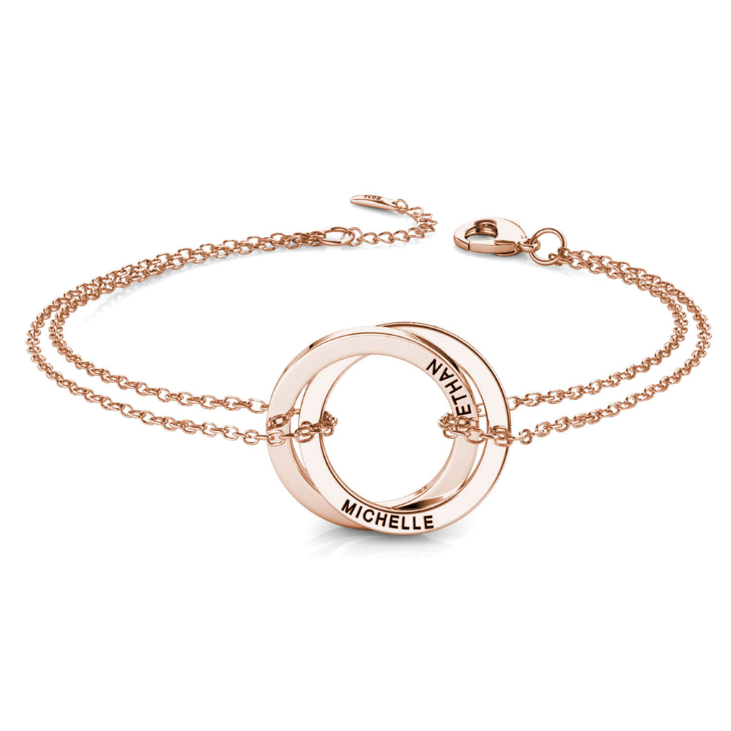 Personalised Russian 2 Ring Bracelet with Engraved Names Rose Gold
