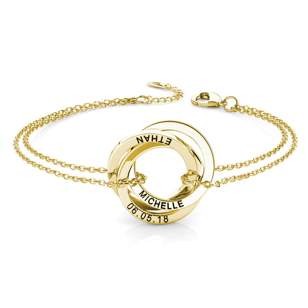 Personalised Russian 3 Ring Bracelet with Engraved Names Yellow Gold