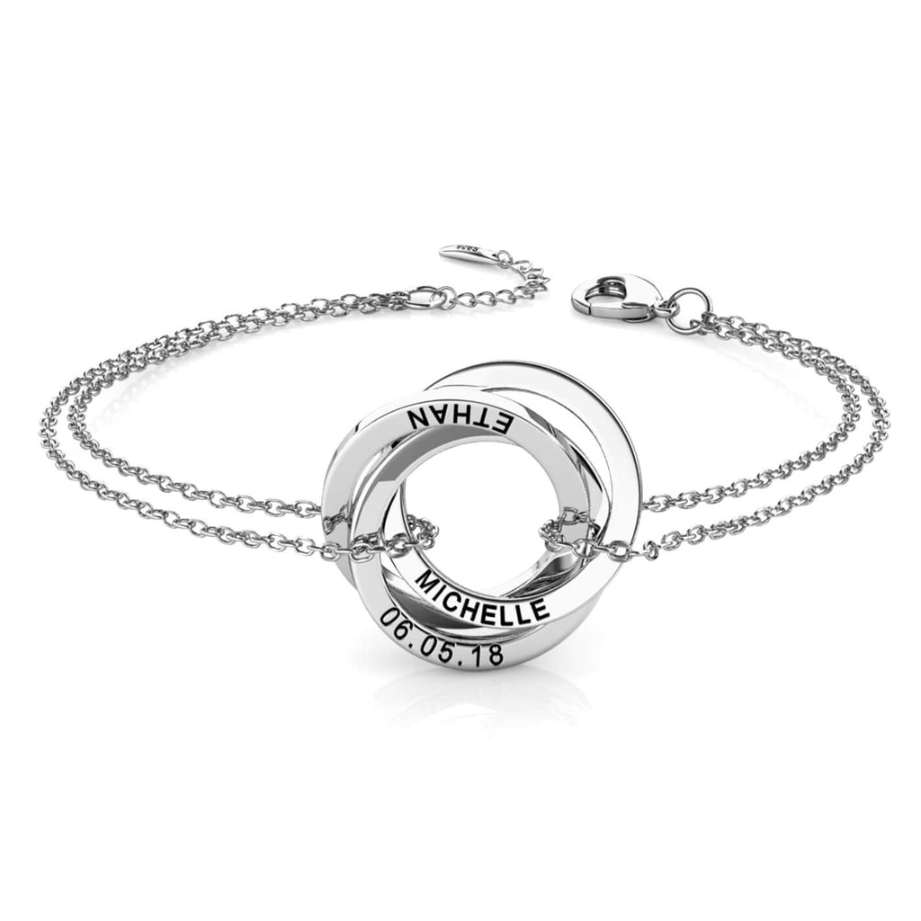 Personalised Russian 3 Ring Bracelet with Engraved Names Sterling Silver